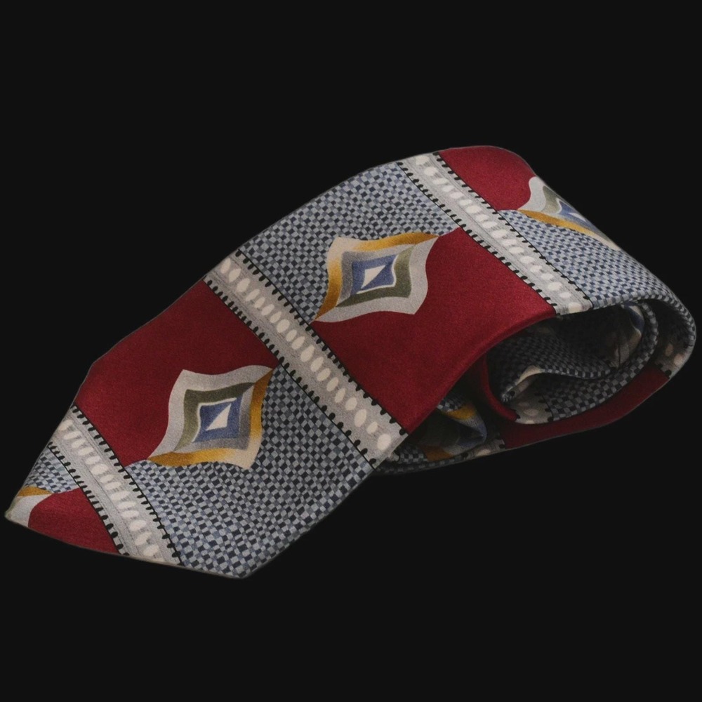 80s Vintage Evan Picone Silk Geo NeckTie Red Grey Abstract Diamond Striped Print